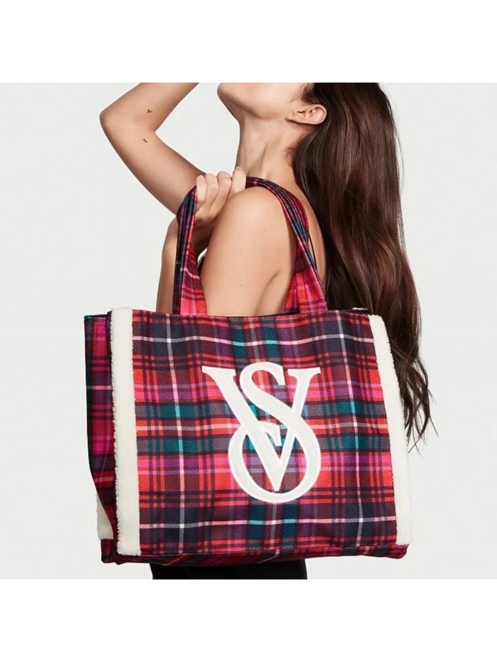 Victoria's Secret Red and Pink Plaid Tote with White Logo Sherpa